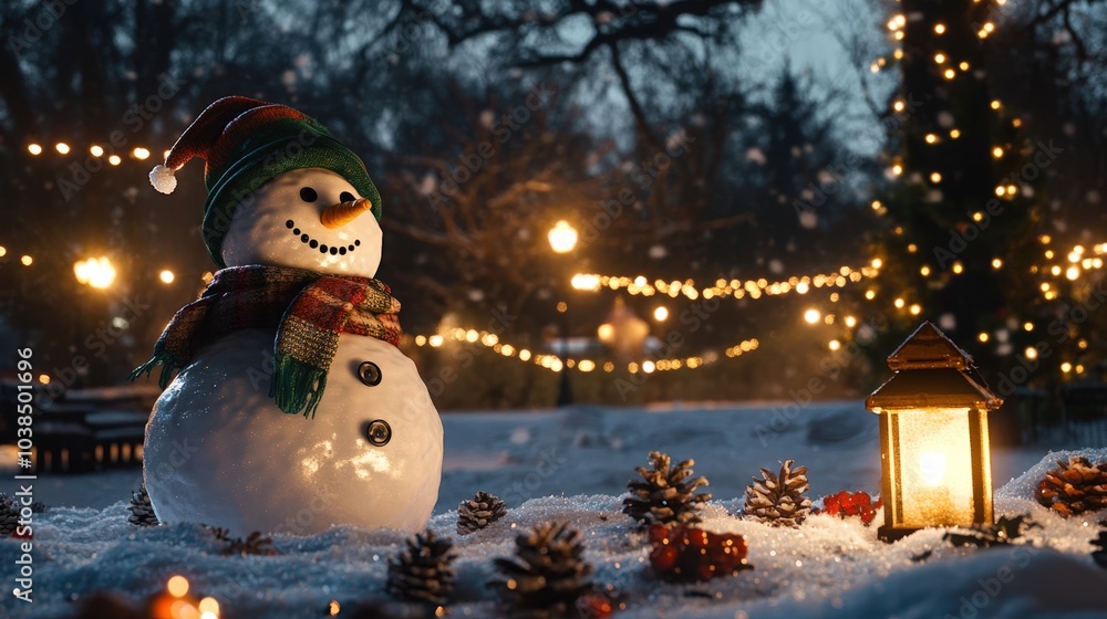 Obraz premium Festive snowman scene with twinkling lights and pine cones