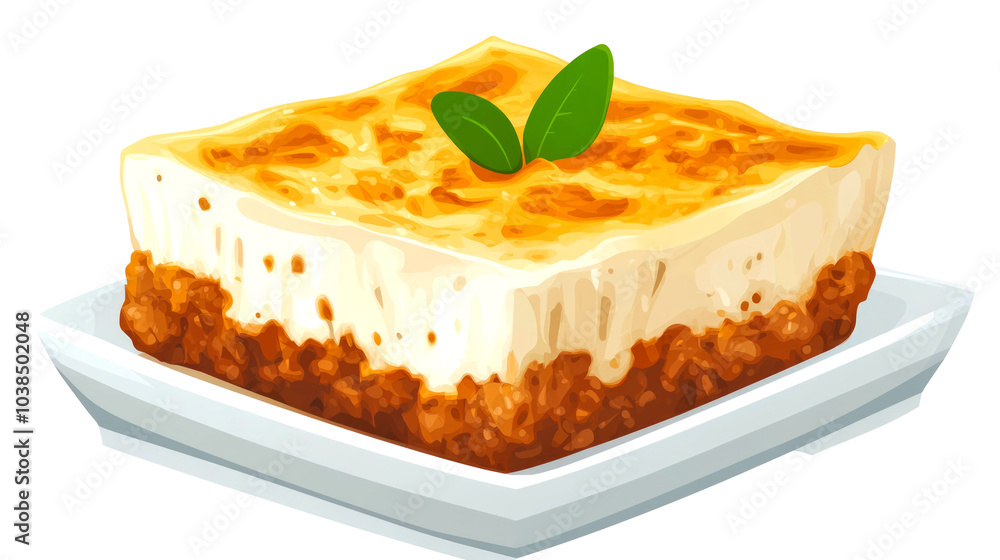 A single serving of moussaka, a Greek dish consisting of layers of eggplant, ground meat, and b?chamel sauce, served on a white plate, garnished with fresh parsley. A single serving of moussaka, a Greek dish consisting of layers of eggplant, ground meat, and b?chamel sauce, served on a white plate, garnished with fresh parsley.