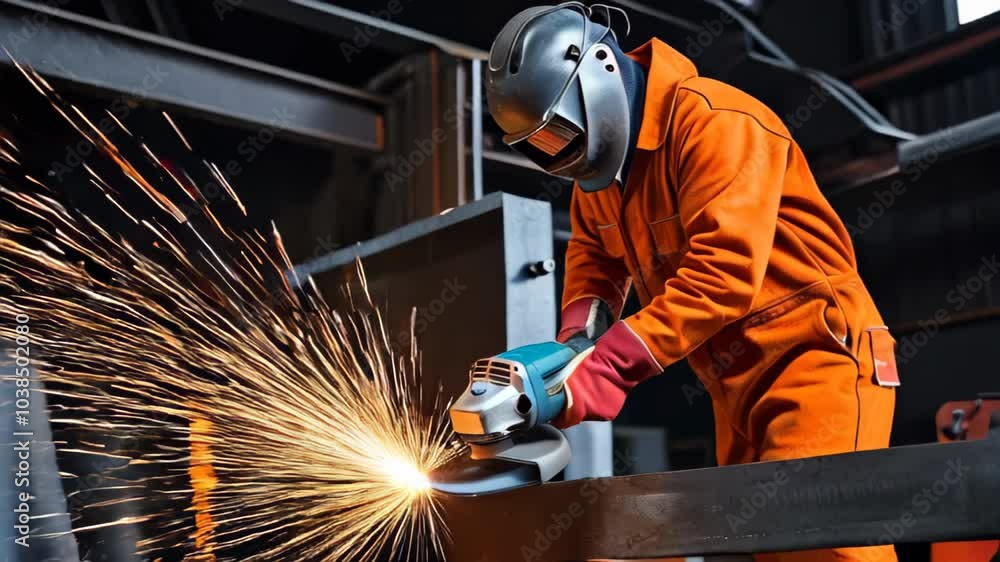 A worker in an orange protective suit and red gloves operates a power tool, creating a burst of bright sparks A worker in an orange protective suit and red gloves operates a power tool, creating a burst of bright sparks