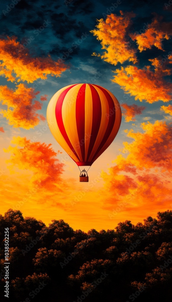 Fototapeta premium Colorful hot air balloon soaring against a vibrant sunset sky.