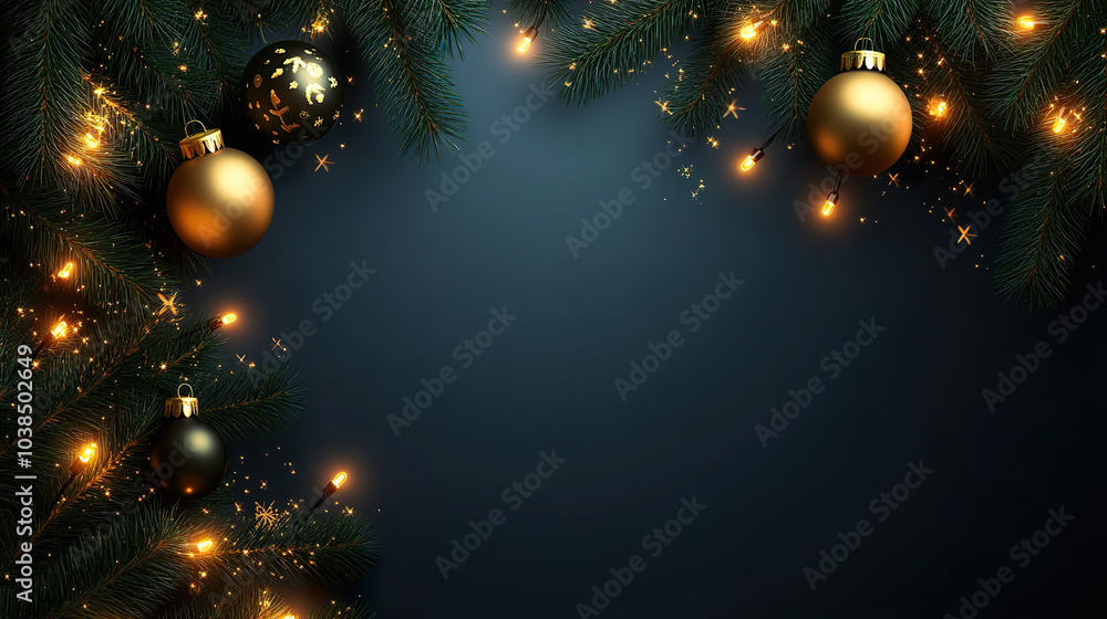 Festive Christmas background with golden and black ornaments, twinkling lights, and evergreen branches creating warm Festive Christmas background with golden and black ornaments, twinkling lights, and evergreen branches creating warm