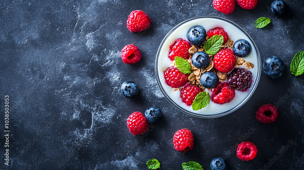 Fresh fruit yogurt parfait with berries and granola on a dark stone background Fresh fruit yogurt parfait with berries and granola on a dark stone background