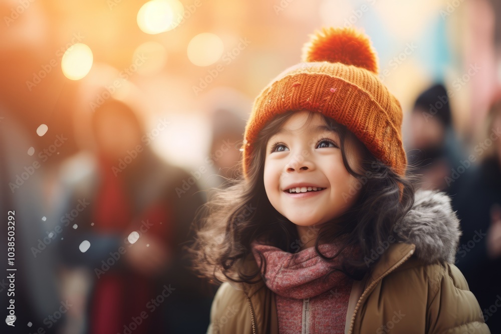 Portrait of a cute little girl in a hat and scarf on the background of the Christmas market Portrait of a cute little girl in a hat and scarf on the background of the Christmas market