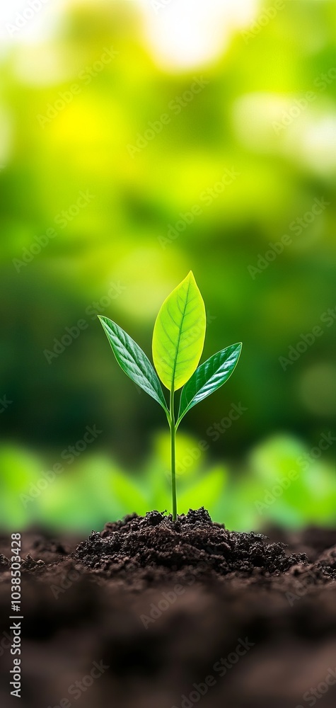 Fototapeta premium Fresh green plant sprouting from rich soil, representing growth and nature.
