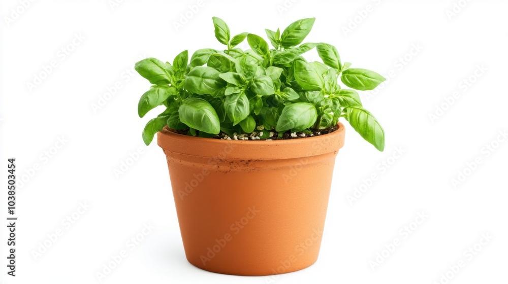 Fresh basil plant in a terracotta pot, vibrant green leaves, isolated on a white background. Fresh basil plant in a terracotta pot, vibrant green leaves, isolated on a white background.
