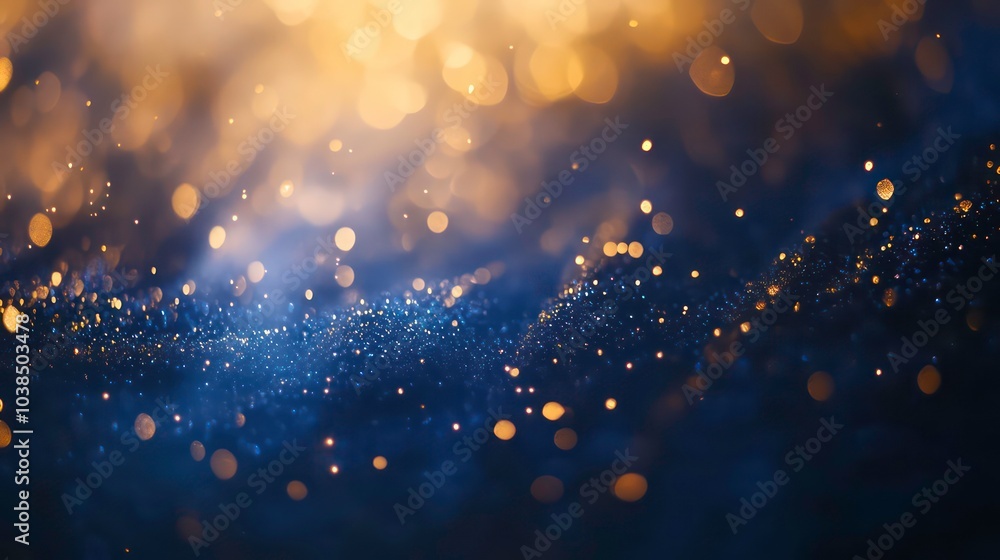 Obraz premium Abstract blue and gold bokeh background with sparkling lights.