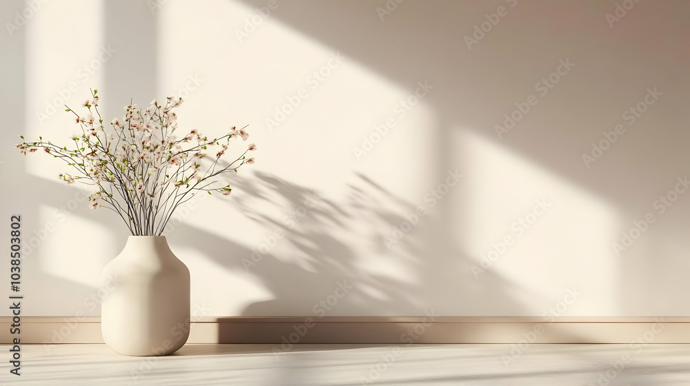 Minimalist Vase with Flowers in Bright Interior Space Minimalist Vase with Flowers in Bright Interior Space