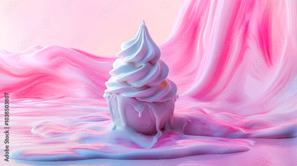 A swirl of white whipped cream in a white cup, melting and spilling onto a pink and white surface. A swirl of white whipped cream in a white cup, melting and spilling onto a pink and white surface.