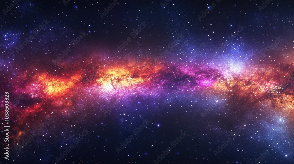 Fototapeta premium A panoramic view of the night sky, featuring a sea of stars and the vibrant colors of the galaxy's spiral arms.