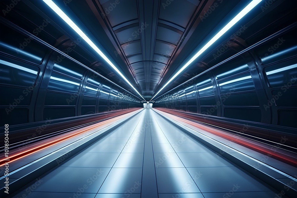 Speed of a passing train in an underground tunnel. Subway tunnel with illumination, railway track. Speed of a passing train in an underground tunnel. Subway tunnel with illumination, railway track.
