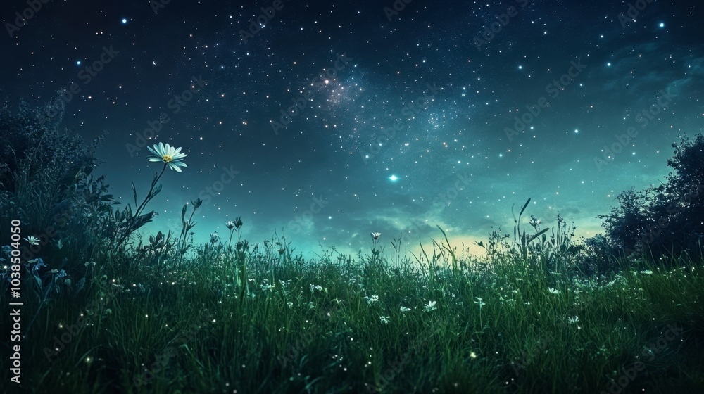 A quiet meadow under the night sky, where the galaxy and stars provide a serene, celestial backdrop. A quiet meadow under the night sky, where the galaxy and stars provide a serene, celestial backdrop.