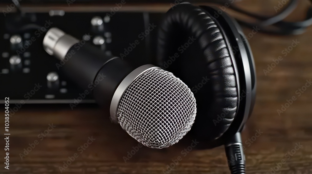 Obraz premium Microphone and headphones on a wooden surface, ideal for music production.