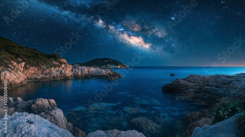 A rocky shoreline under a clear night sky, where stars and the galaxy create a celestial reflection on the water.