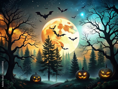 Dark woods haunted by fluttering bats beneath a glowing moon create an eerie atmosphere, perfect for celebrating the Halloween season and inspiring spine-chilling festivities. photo