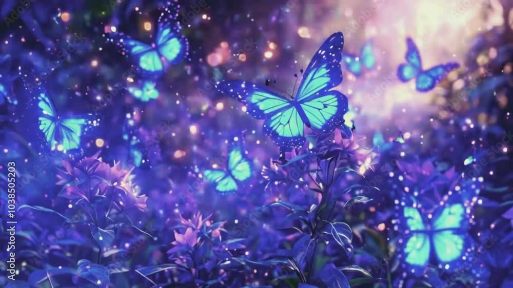 In a dark, starry landscape, a group blue and purple butterflies emit ...