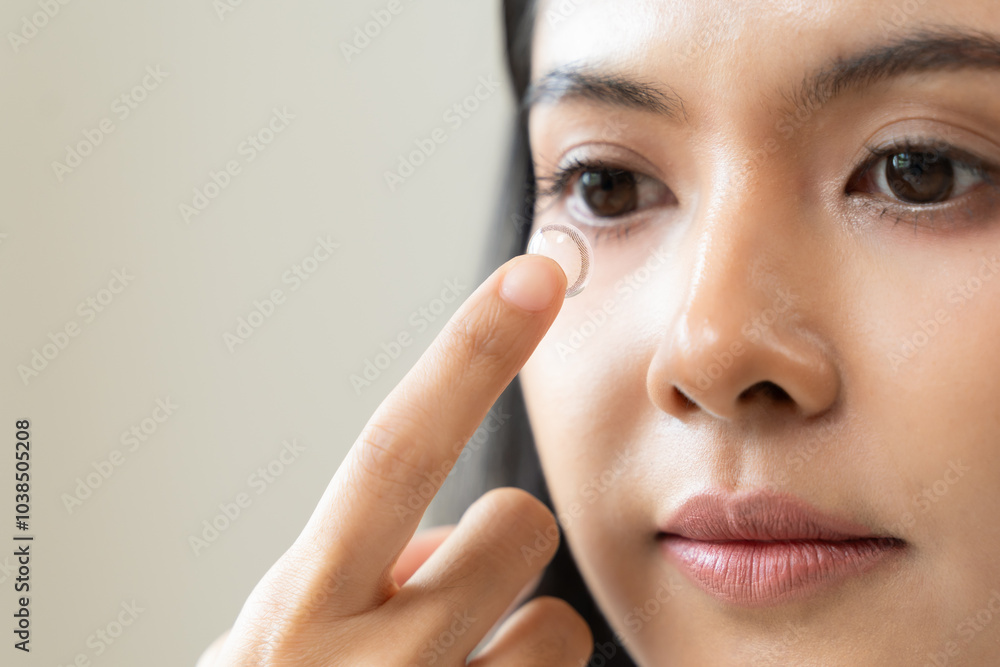 Optimise vision by contact lens, Close-up of woman face during insert contact lens to her eyes. Optimise vision by contact lens, Close-up of woman face during insert contact lens to her eyes.
