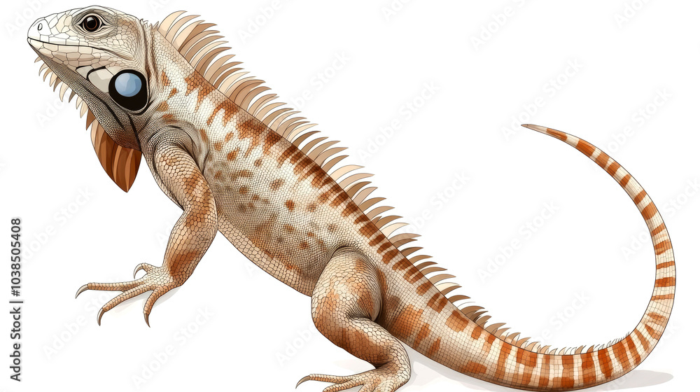 Naklejka premium A white and brown iguana with a blue tag on its leg, standing on a white background.