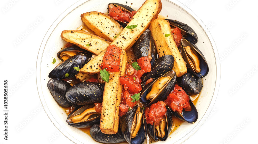 A white bowl of mussels with tomatoes, garlic and bread sticks. A white bowl of mussels with tomatoes, garlic and bread sticks.