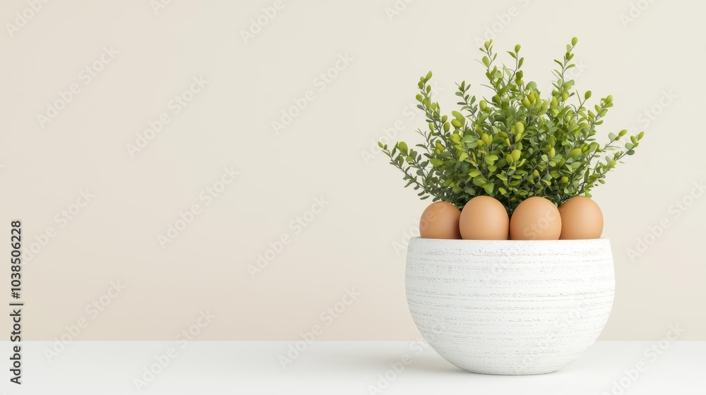 A stylish pot containing fresh greenery and decorative eggs, set against a light neutral background. A stylish pot containing fresh greenery and decorative eggs, set against a light neutral background.