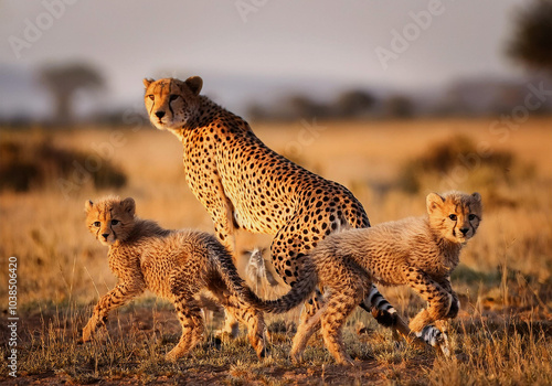 Gepard (Acinonyx jubatus) Muttertier mit Jungen im Grasland, Afrika  photo