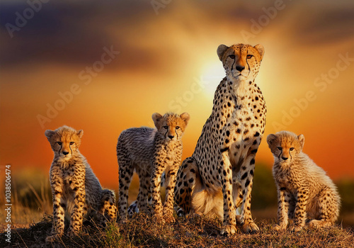 Gepard (Acinonyx jubatus) Muttertier mit Jungen im Grasland, Afrika  photo