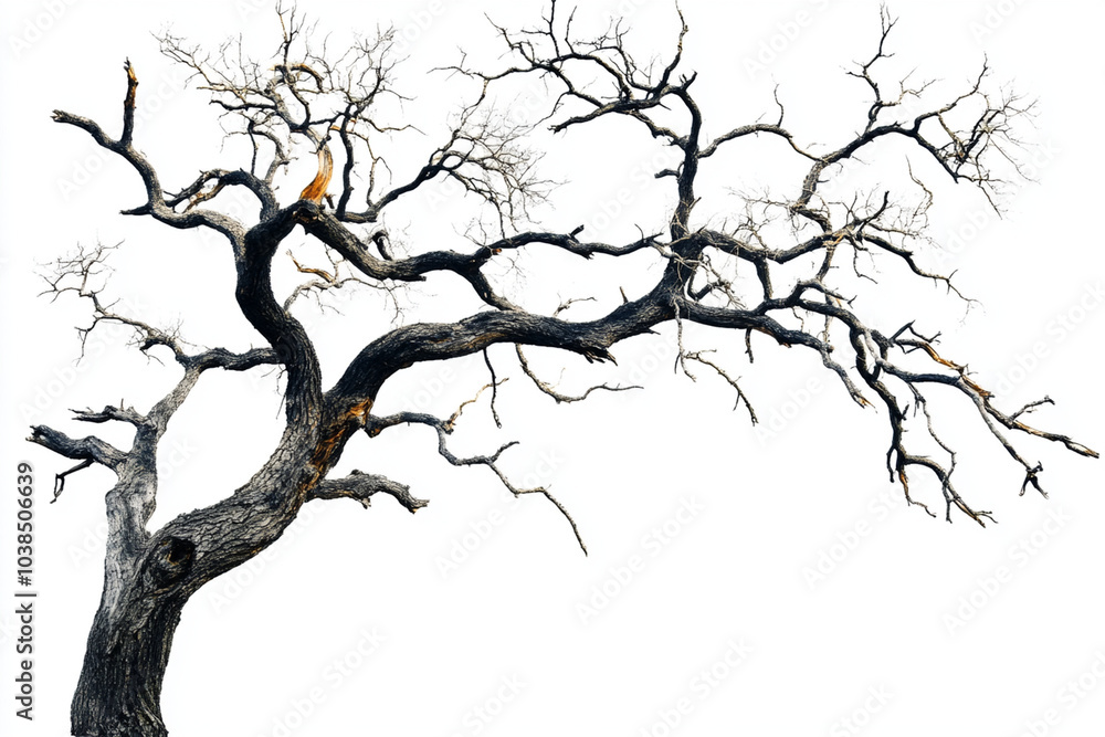 striking dead tree with numerous twisted branches stands isolated against white background, showcasing its intricate and haunting beauty. stark contrast emphasizes trees unique structure and charact striking dead tree with numerous twisted branches stands isolated against white background, showcasing its intricate and haunting beauty. stark contrast emphasizes trees unique structure and charact