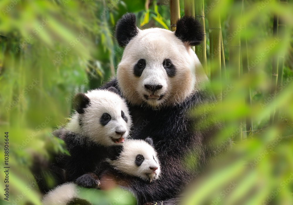 Fototapeta premium Große Panda (Ailuropoda melanoleuca) Muttertier mit Jungen im Bambuswald