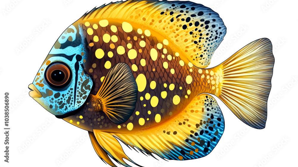 Fototapeta premium A yellow and blue angelfish with black spots on a white background.