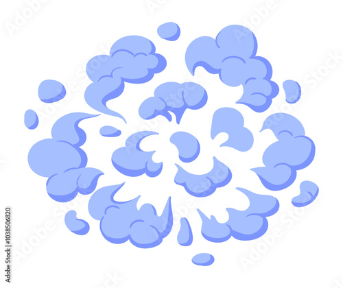 Cartoon dust cloud. Comic book smoke puff cloud element, streaming dust puff flat vector illustration. Blue smoke explosion cloud on white