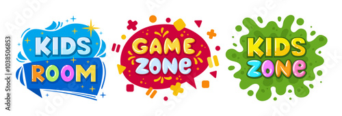 Cartoon play zone labels. Kids entertainment play room badges, children playroom flat vector illustration set. Colorful game zone party stickers