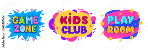 Children game room labels. Kids entertainment playroom badges, cartoon colorful playroom elements flat vector illustration set. Game zone party stickers