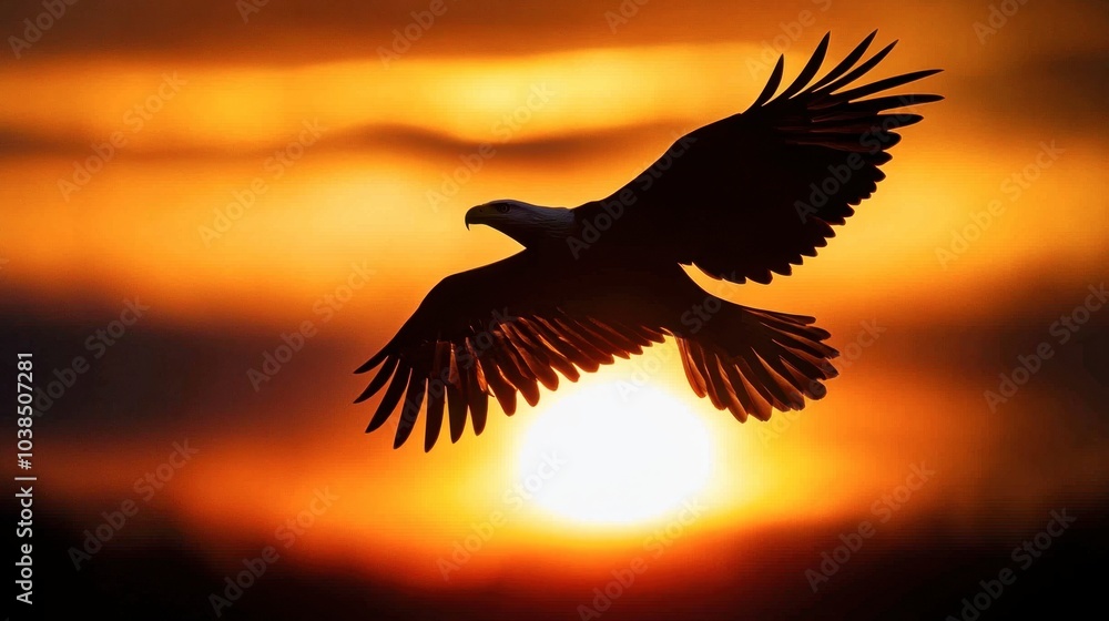Obraz premium A silhouette of a bald eagle flying at sunset, with the sky glowing in warm orange hues.