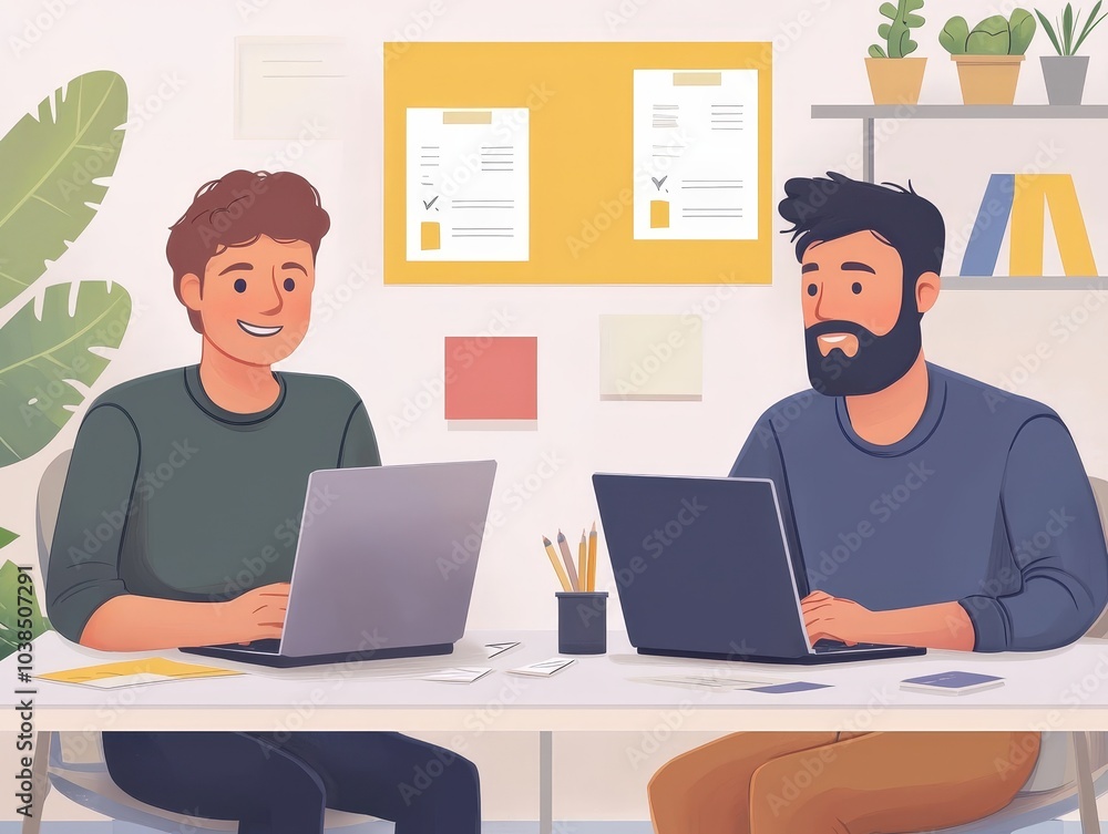 Two Businessmen Brainstorming Ideas on Laptops in Office Two Businessmen Brainstorming Ideas on Laptops in Office