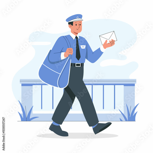 A cheerful postman delivering a letter on his route.