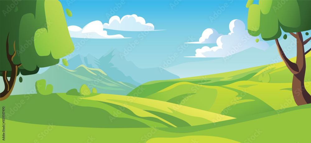 Obraz premium A vibrant and playful cartoon landscape featuring rolling green hills, colorful trees, and a bright blue sky with fluffy clouds. Perfect for kid-friendly projects, outdoor themes