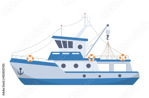 Fishing ship. Nautical seafood industry boat, fisherman shipping trawler flat vector illustration. Commercial fishing ship on white background