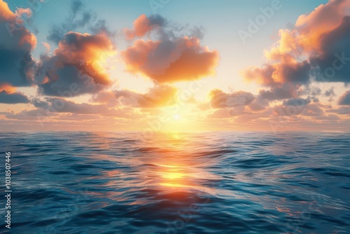 Ocean horizon with a dramatic sunset, seascape background, serene evening photo