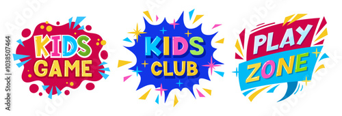 Game room labels. Cartoon children entertainment playroom badges, colorful playroom elements flat vector illustration set. Kids game zone party stickers
