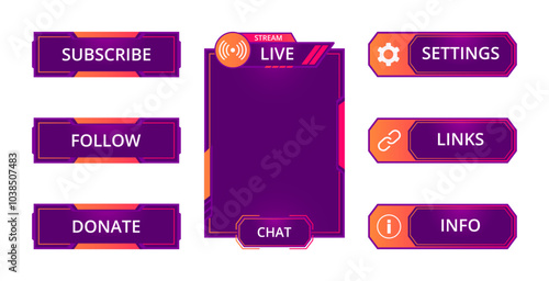Game streaming screen elements. Gamers stream interface buttons and frame, mmo game menu, modern gamers stream icons flat vector illustration set. Garish bars and frames