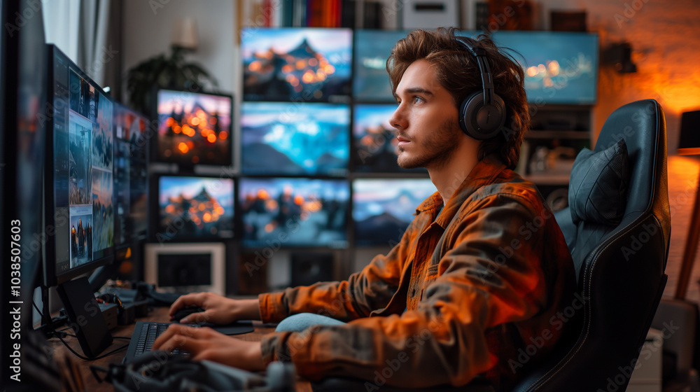 Focused gamer with headphones playing on multiple screens in an immersive gaming setup Focused gamer with headphones playing on multiple screens in an immersive gaming setup