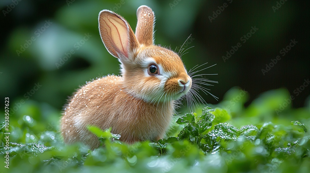 Adorable Baby Bunny Rabbit Sitting in Dewy Green Grass Adorable Baby Bunny Rabbit Sitting in Dewy Green Grass