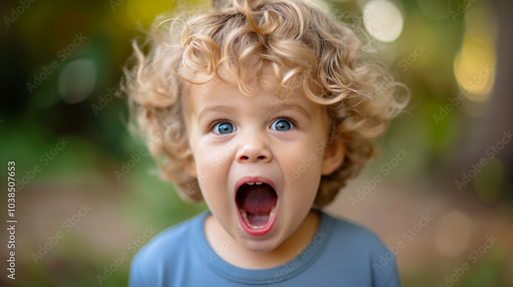 Surprised curly-haired child with wide-open mouth and bright blue eyes Surprised curly-haired child with wide-open mouth and bright blue eyes