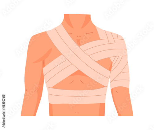 Human torso bandaging. Cartoon medical bandage, emergency treatment for dislocation, sprains and tendon damage flat vector illustration set. Injured body part bandages
