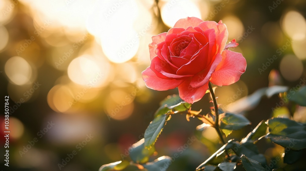 Obraz premium A single red rose in bloom, with soft sunlight illuminating its vibrant petals.