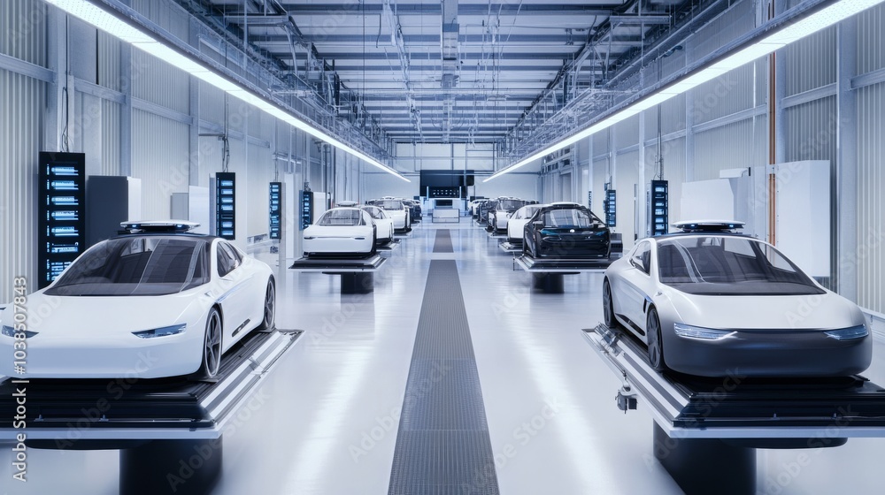 Obraz premium A state-of-the-art autonomous vehicle testing facility, equipped with self-driving cars and digital control systems, High-tech style