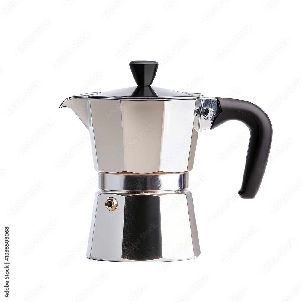 Classic stovetop espresso maker with a shiny metal finish on a white isolated background. Classic stovetop espresso maker with a shiny metal finish on a white isolated background.