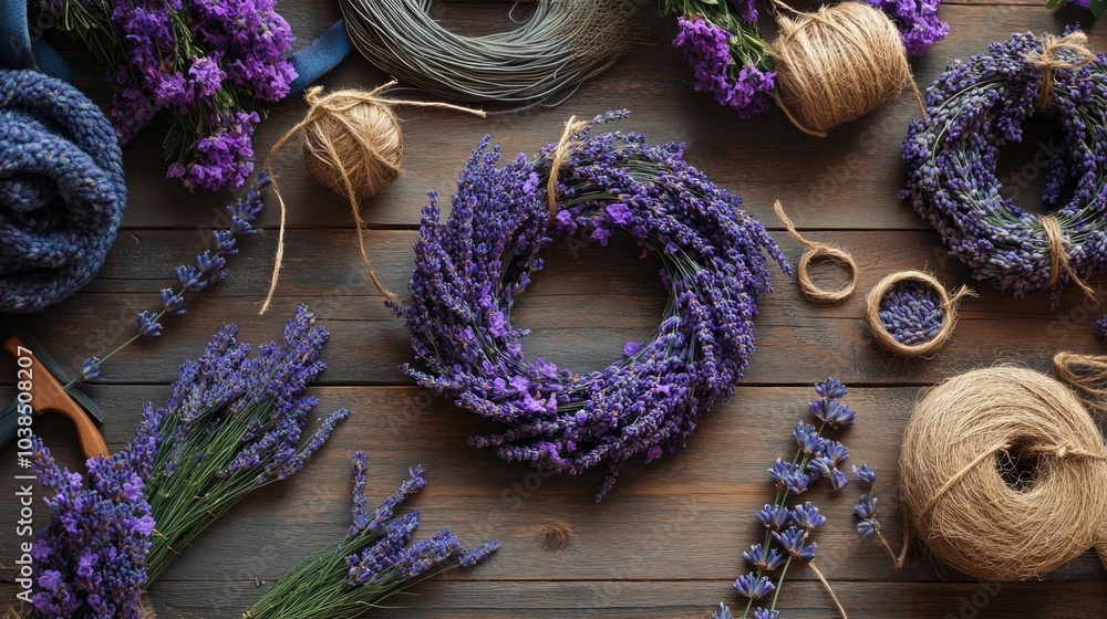 Flat lay of lavender wreath with dried lavender flowers, twine, and ribbon on rustic wooden background. Flat lay of lavender wreath with dried lavender flowers, twine, and ribbon on rustic wooden background.