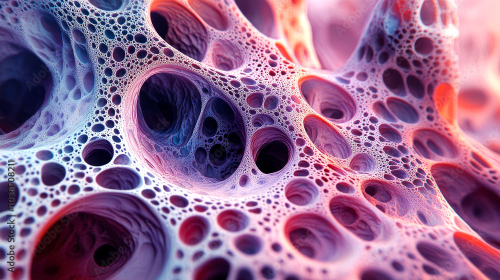 Abstract 3D rendering of a porous, organic-like structure with a pink and blue color scheme. Abstract 3D rendering of a porous, organic-like structure with a pink and blue color scheme.