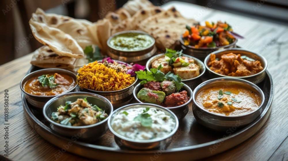 A platter of delicious Indian food with various curries, rice, naan bread, chutneys, and salads. A platter of delicious Indian food with various curries, rice, naan bread, chutneys, and salads.