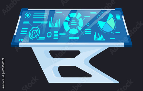 Spaceship center room control panel. Futuristic space cabin monitor screen flat vector illustration. Spacecraft control room panel
